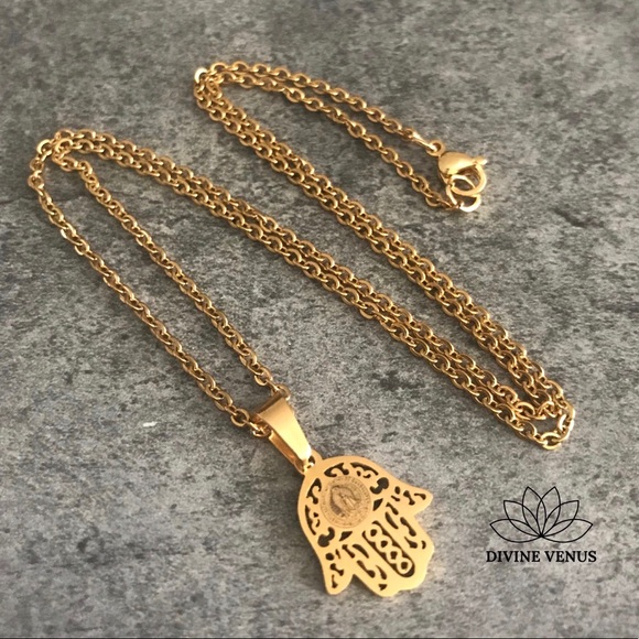 Hamsa Blessed Mother Hand of God Necklace | Gold Plated Stainless Steel - Picture 4 of 7
